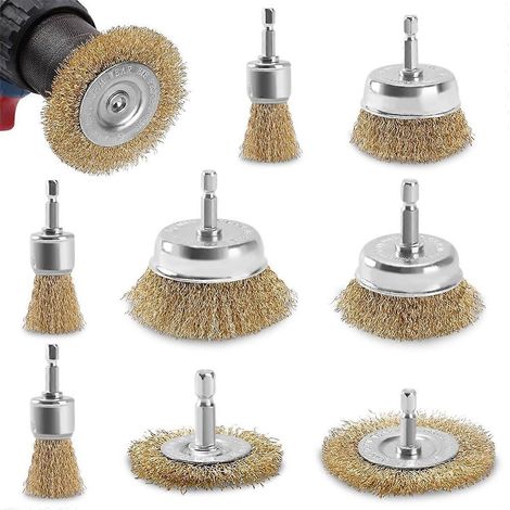 Metallbürste mit Aufsatz für Bohrmaschine, Set aus Metallbürsten mit Borsten aus Kohlenstoffstahl (siehe Foto) (1/5)