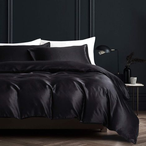 Bettwäsche-Set Satin Schwarz 155x220cm mit Reißverschluss und Kissenbezug 80x80cm