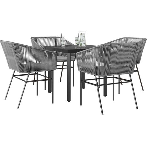 5-tlg. Garten-Essgruppe mit Kissen Grau Poly Rattan Glas
