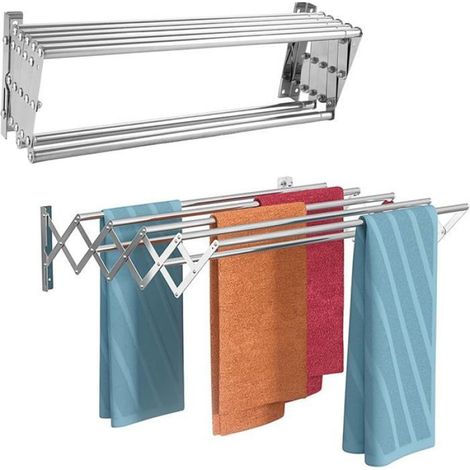 1 tendoir linge mural en acier inoxydable, extensible et pliable, extensible avec 7 barres pour buanderie, salle bain FIL A LINGE (1/5)