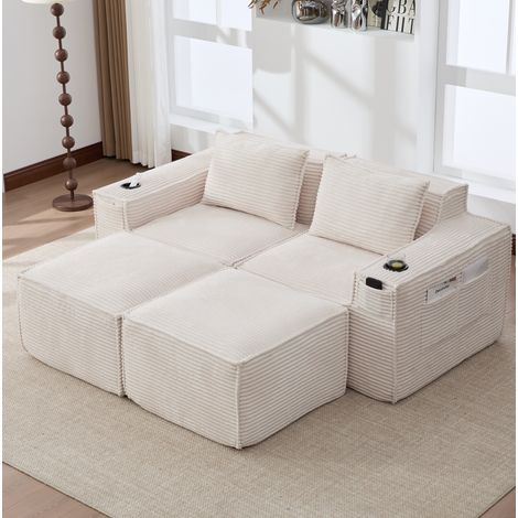 Sofá modular de 2 plazas de pana con 2 pufs, portavasos y bolsillos beige OKMYHOME (1/5)