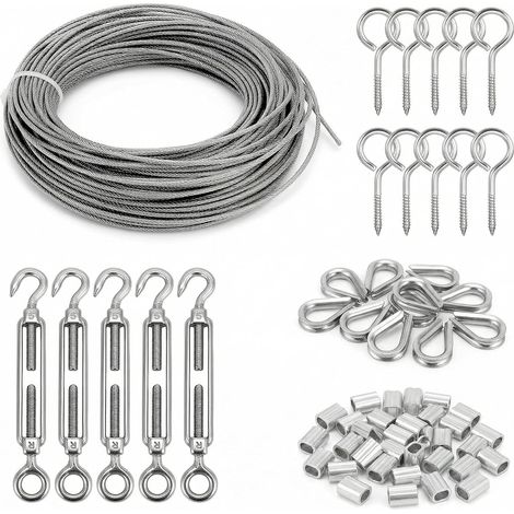Kit Corde en Acier Inoxydable 30M/2mm avec M5 Tendeurs, Câble Revêtu pour Plantes Grimpantes, Fil de Fer Cloture et Suspension Extérieure (1/5)