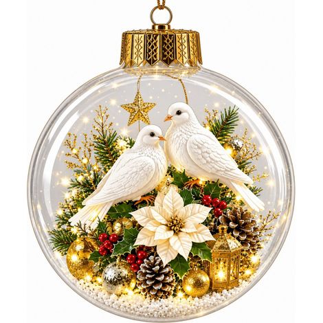 Boule à neige lumineuse 3D en acrylique transparent, motif colombe blanche, pomme de pin et sapin de Noël à suspendre (1/5)