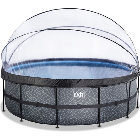 Piscine EXIT Stone ø450x122cm avec pompe filtrante à sable et dôme - grise (1/5)