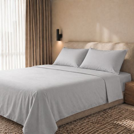 Parure de Lit 2 Personnes en Percale de Coton 200 TC - Drap Housse, Drap Plat et 2 Taies d'Oreiller - Gris Clair - Made in Italy