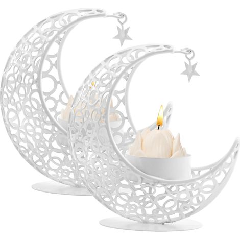 JSSEVN-Lot de 2 bougeoirs en forme de lune en métal pour centre de table, bougeoirs votifs décoratifs pour fête, décoration d'intérieur (blanc) (1/5)