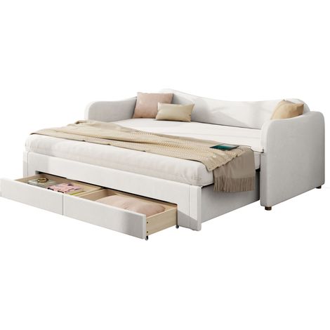 Lit banquette en velours beige 90x200 cm extensible 180x200 cm, 2 tiroirs, USB et Type-C, sommier inclus (1/5)