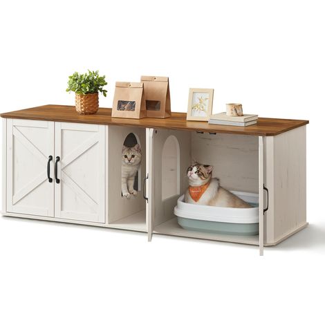 Cache-Litière pour 2 Chats, Meuble de Litière, Entrée Frontale, Peut Être Utilisé comme Table, Meuble TV, 145,6 x 48,5 x 50 cm, Blanc et Marron PCL010K01 (1/5)
