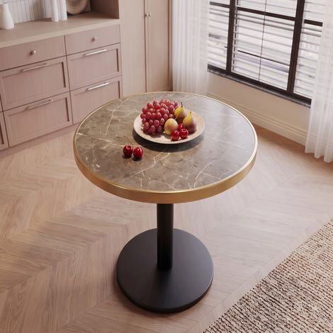 Table d'appoint ronde moderne, plateau effet marbre avec bordure dorée, structure métallique robuste noire et dorée, idéale comme table basse, table de chevet ou table de balcon. (1/5)