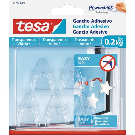 Tesa Gancio Adesivo per Trasparenti e Vetro 0.2 kg - Gancio Adesivo per Specchi e Superfici Trasparenti - Peso fino a 0.2 kg - Confezione da 5 Ganci e 8 Strisce Adesive in Dotazione (1/5)