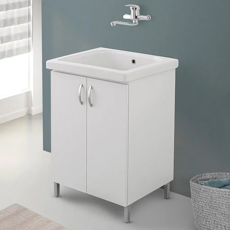Mobile lavatoio 60x50 cm bianco in ceramica con strofinatoio integrato (1/5)