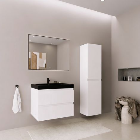 Meuble + colonne Avalon 60cm blanc brillant vasque noire LOMAZOO (1/5)