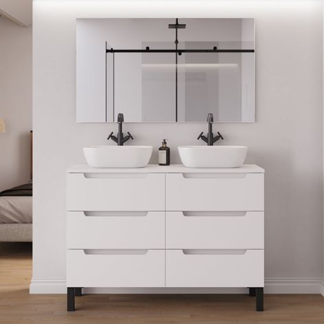 Meuble de salle de bain 120cm avec plateau et 2 vasques à poser arrondies - 6 tiroirs - blanc mat - RIZA (1/5)