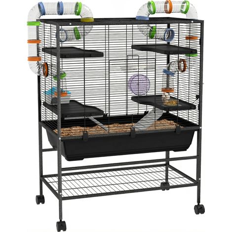 Cage pour hamster avec tubes - roue d'exercice - maisonnette - abreuvoir - espace de rangement - noire (1/5)
