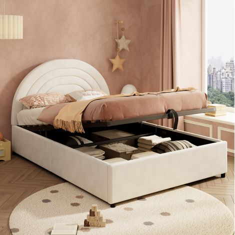 Letto contenitore in velluto beige 140x200 cm con testiera imbottita e meccanismo idraulico di contenimento. (1/5)