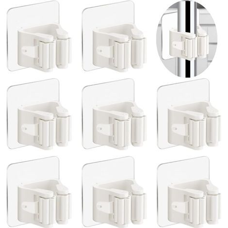 Pack of 8 broom holders, self-adhesive broom holders without drilling, mop holder, wall mount, tool holder for garden tools for the kitchen, bathroom, garage, white