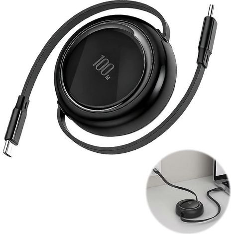 Câble de charge rétractable USB-C vers USB-C 100 W à charge rapide avec 5 longueurs réglables (2 m/4 m/8 m/1 m/12 m), enrouleur automatique, câble USB-C anti-nœuds. (1/5)