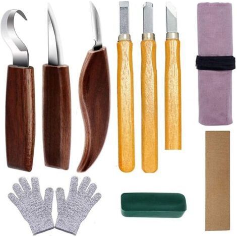 10Pcs Woodworking Chisel Tool Kit Wood Carving Knives with Walnut Handle DIY Wood Carving Tools with Anti-Cut Gloves and Sharpening Stones (1/4)