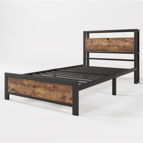 Letto singolo 90 x 200 cm in metallo nero con testiera contenitore e rete a doghe in metallo (1/5)
