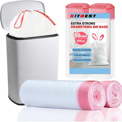 Sacs Poubelle 50L avec Poignées - Lot de 40 - Plastique Recyclé Blanc - Résistants et Étanches - Cuisine Salle de Bain Bureau - 60x77cm (1/5)