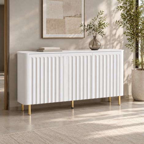 Buffet 3 portes sans poignées en MDF blanc, reliefs cannelés et pieds métal, 135 x 36 x 78 cm (1/5)