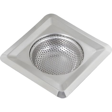 Siphon de sol perforé carré 11,5 cm en acier inoxydable, filtre pour évier de cuisine, retenant les déchets sans bloquer l’écoulement. Antirouille et facile à nettoyer. (1/5)