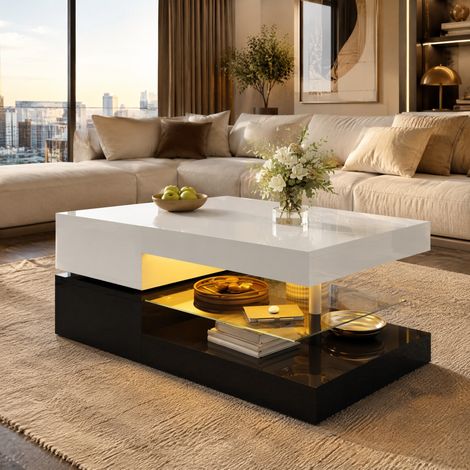 Tavolino fisso 90x45x35,5 cm in legno e vetro nero e bianco moderno FloraGrace (1/5)