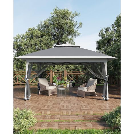 Tonnelle de jardin pliante 3,65 x 3,65 M, Pop Up Gazebo, Tente de Canopée, Moustiquaire, Rapide, 4 Sacs de Sable, Gris + Gris clair (1/5)