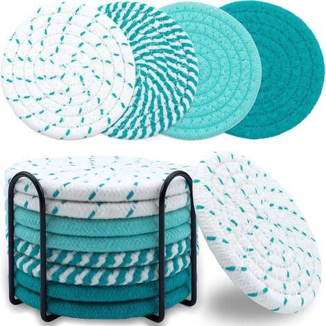 Un juego de 8 posavasos de punto de algodón absorbente, perfectos para la decoración de la sala de estar, 4,3 pulgadas (verde). (1/5)