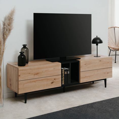 CALICOSY - Meuble TV 2 abattants et 2 niches décor chêne artisan et noir L160 cm - NOLA (1/5)