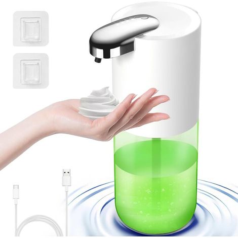 Distributeur automatique de savon mousse, 380 ml, volume de mousse réglable sur 4 niveaux, distributeur de savon électrique mural, convient pour cuisine, salle de bain et baignoire, blanc (1/5)