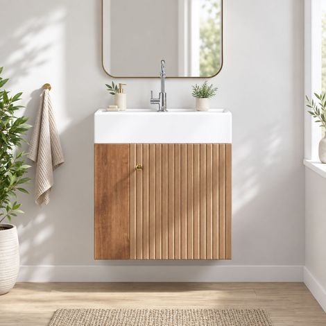 Meuble salle de bain suspendu 55 cm avec vasque céramique, meuble sous vasque effet bois brun MDF, rangements latéraux, Soft-Close (1/5)