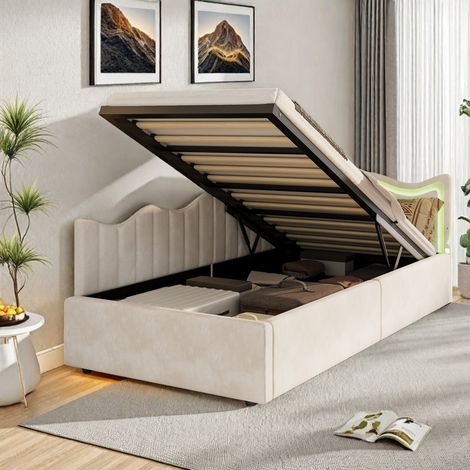Lit coffre simple 90 x 200 - Canapé-lit 90 x 200 avec rangement - Lit capitonné avec LED - Blanc - Velour teddy - Salon Chambre - Pour adultes adolescents