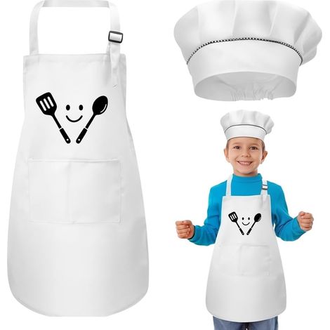 Chapeau de Chef Enfants Tablier de cuisine pour enfant avec Poche Toque de Cuisinier Blanc Réglable Cuisine Uniforme Chapeau Fête Cuisson Accessoires de Cuisson (1/5)
