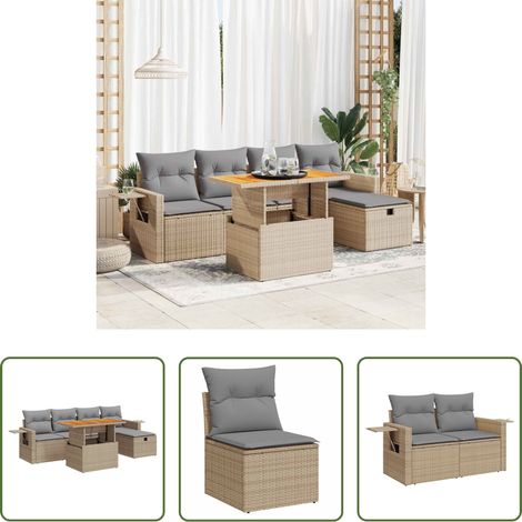 vidaXL Canapé avec accoudoirs - Salon de jardin 6 pcs avec coussins beige résine tressée acacia (1/5)