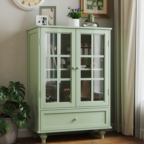 Credenza 71x38x96,5 cm in MDF e vetro verde menta, ante vetrate – MEUBLIV (1/5)