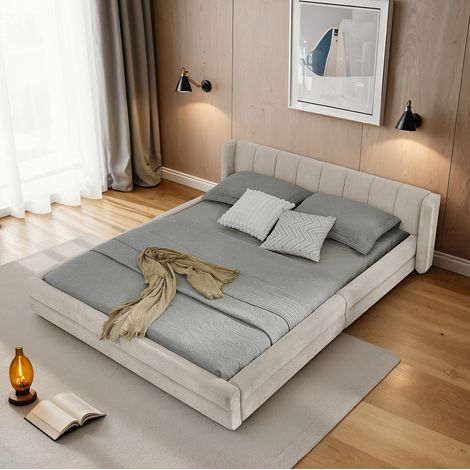 Cama doble tapizada en chenilla beige 160x200 cm con cabecero ergonómico y estructura reforzada (1/5)