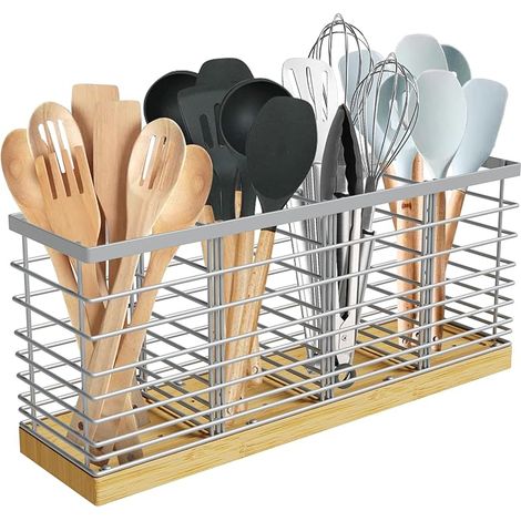 Porte-ustensiles de cuisine extra large avec 4 compartiments, porte-ustensiles en métal argenté pour le plan de travail de cuisine, rangement pour ustensiles de cuisine à la ferme, ustensile rust (1/5)