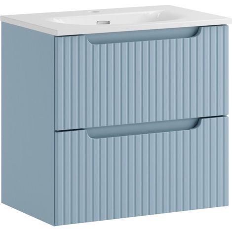 Set da bagno sospeso VANO blu denim 60cm: mobile sottolavabo con cassetti + lavabo da incasso bianco (1/5)