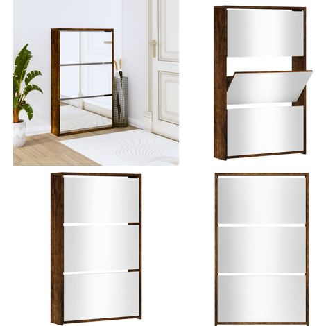 Schuhschrank mit Spiegel 3 Fächer Räuchereiche 63x17x102,5 cm - Schuhschrank - Schrank - Regal - Schuhregal - Garderobe - Home & Living (1/5)