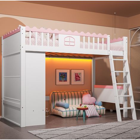 Letto a soppalco 90x200 cm bianco in pino e MDF con LED, armadio e cassetto (1/5)