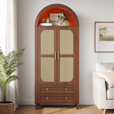 Armoire Penderie 76x50x184cm Effet Rotin Noyer avec Éclairage LED - App 2 Portes et 2 Tiroirs Pieds Bois - Armoire de chambre, Rétro Bohème (1/5)