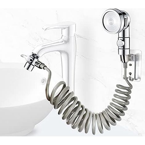 Bathroom sink shower head set, bathroom hand shower, retractable hose, ideal for washing your hair or cleaning your sink (without tap) (silver) (1/5)