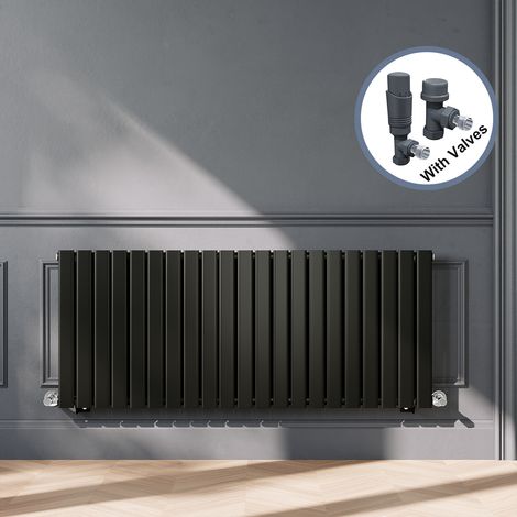 ELEGANT Designer Black Single Panel Horizontal Radiator 600 x 1428mm with Anthracite Angled Thermostatic Radiator Valves (1/5)
