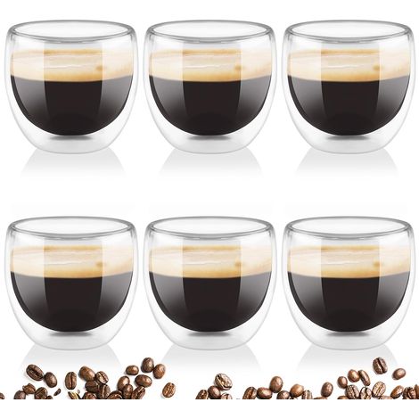 Tasse Expresso Double Paroi, Set de 6 Tasses à Café Latte 80ML, Tasse à Double Paroi Verre Transparent pour Verre a Cafe Latte Cappuccino Whisky et Eau (Lisse) (1/5)
