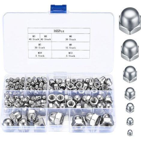 165-teiliges Set aus Edelstahl-Blindmuttern, Sechskant-Sicherungsmuttern, M3/M4/M5/M6/M8/M10/M12 Mutternsortiment