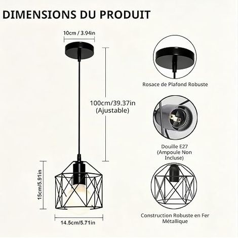Lot de 2 Lampes Suspensions E27, 15cm Lustre Industriel Suspension Luminaire Abat-jour en Métal en Forme Dimant de Cage Plafonnier Chambre, Salon, Salle à Manger, Cuisine (1/4)
