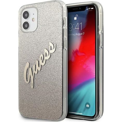 Custodia per iPhone 12 mini Guess con scritta glitterata e sfumatura dorata (1/5)