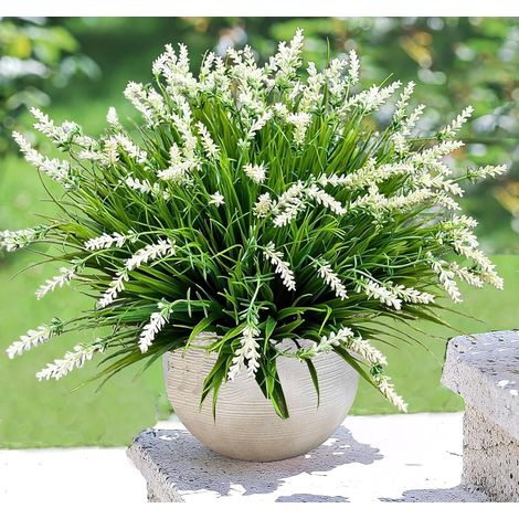 Artificial Plants Flowers Outdoor – 12 Bundles UV Resistant Faux Lavender Flowers with Monkey Grass for Garden Porch Window Patio Hanging Planter Decor (white)