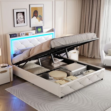 JOOKGBD- Polsterbett 140x200 cm, Doppelbett mit Bettkasten und Stauraum, Jugendbett, Kopfteil mit LED-Beleuchtung und USB/Type-C-Anschlüssen, inklusive Lattenrost, PU-Leder, Weiß